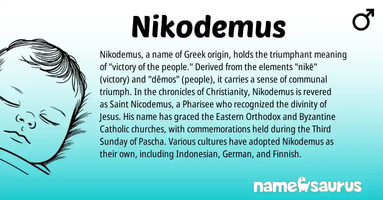Infographic about Nikodemus name meaning, Nikodemus is a name from Finnish, Christianity, Indonesian, Greek, German origin(s).