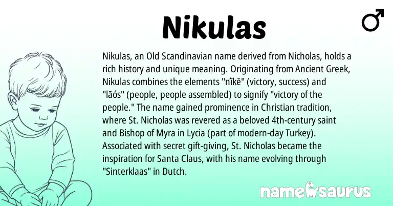 Infographic about Nikulas name meaning, Nikulas is a name from Scandinavian, Ancient Greek, Dutch origin(s).