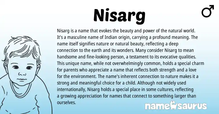 Infographic about Nisarg name meaning, Nisarg is a name from Hebrew, Indian, Sanskrit origin(s).