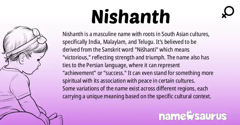 Infographic about Nishanth name meaning, Nishanth is a name from Indian, Malayalam, Telugu, Tamil origin(s).