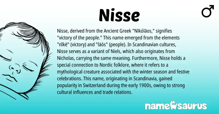 Infographic about Nisse name meaning, Nisse is a name from Scandinavian, Ancient Greek, Nordic origin(s).