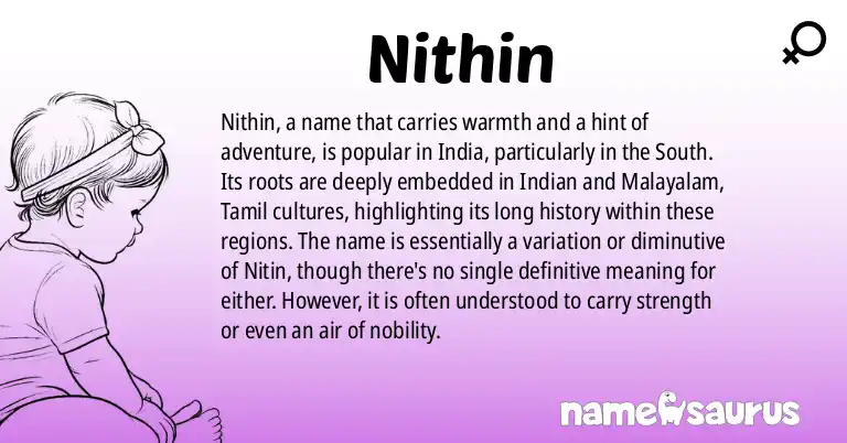 Infographic about Nithin name meaning, Nithin is a name from Indian, Malayalam, Tamil, Kannada origin(s).