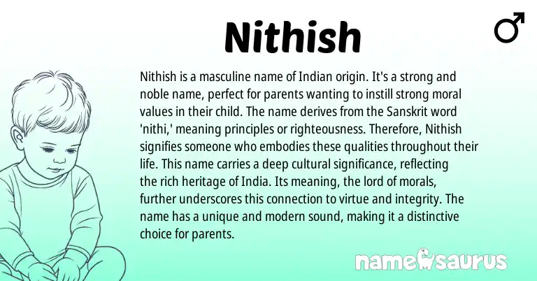 Infographic about Nithish name meaning, Nithish is a name from Hindi, Indian, Sanskrit origin(s).