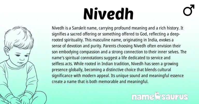Infographic about Nivedh name meaning, Nivedh is a name from Hindi, Indian, Sanskrit origin(s).