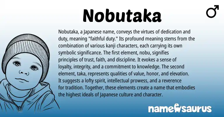 Infographic about Nobutaka name meaning, Nobutaka is a name from Japanese origin(s).
