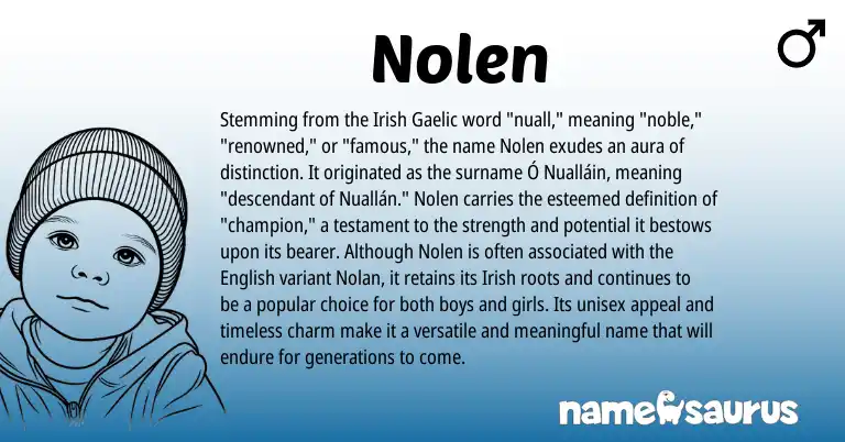 Infographic about Nolen name meaning, Nolen is a name from Irish, English, Gaelic origin(s).