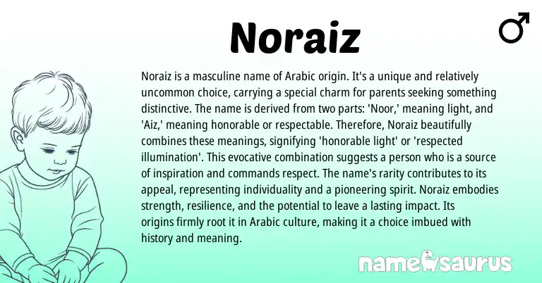 Infographic about Noraiz name meaning, Noraiz is a name from Arabic origin(s).