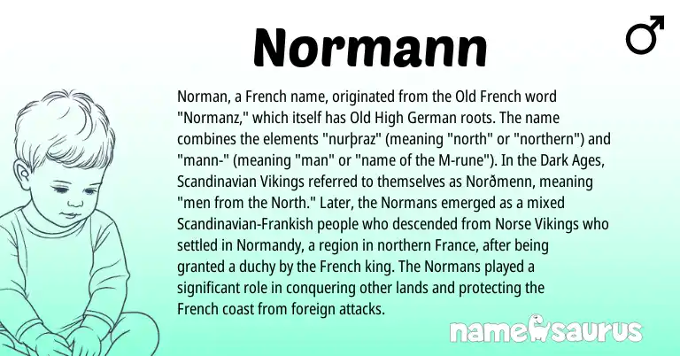 Infographic about Normann name meaning, Normann is a name from Old High German, Scandinavian, Frankish, Old French, French, Norman, Norse origin(s).