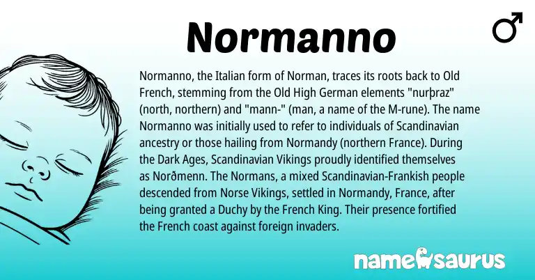 Infographic about Normanno name meaning, Normanno is a name from Old High German, Scandinavian, Frankish, Old French, French, Norse, Norman, Italian origin(s).