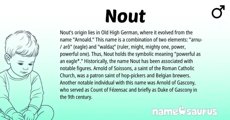 Infographic about Nout name meaning, Nout is a name from Old High German, Roman, Belgian origin(s).