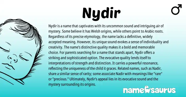 Infographic about Nydir name meaning, Nydir is a name from Welsh origin(s).