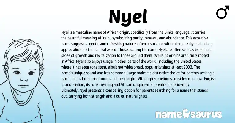 Infographic about Nyel name meaning, Nyel is a name from African, Dinka origin(s).