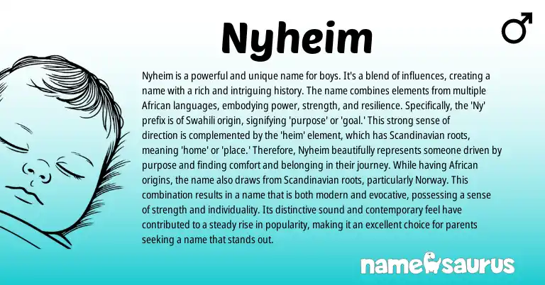 Infographic about Nyheim name meaning, Nyheim is a name from Scandinavian, African, Swahili origin(s).