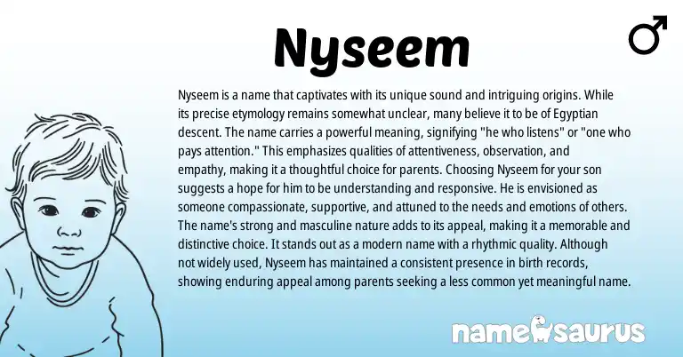 Infographic about Nyseem name meaning, Nyseem is a name from Egyptian origin(s).