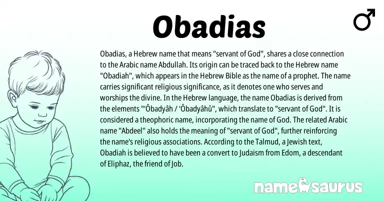 Infographic about Obadias name meaning, Obadias is a name from Judaism, Jewish, Arabic, Hebrew origin(s).