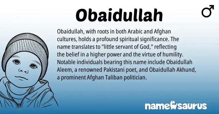 Infographic about Obaidullah name meaning, Obaidullah is a name from Pakistani, Afghan, Arabic origin(s).