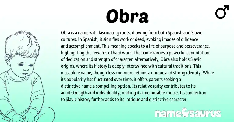 Infographic about Obra name meaning, Obra is a name from Spanish origin(s).