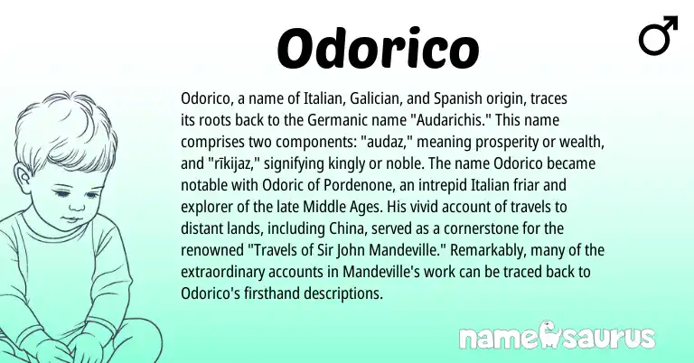 Infographic about Odorico name meaning, Odorico is a name from Galician, Spanish, Germanic, Italian origin(s).