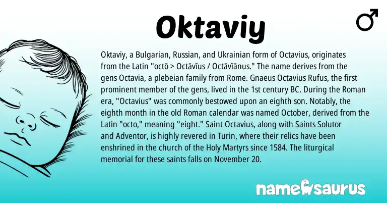 Infographic about Oktaviy name meaning, Oktaviy is a name from Ukrainian, Bulgarian, Russian, Roman, Latin origin(s).