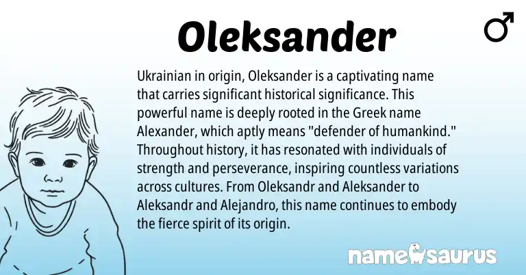 Infographic about Oleksander name meaning, Oleksander is a name from Ukrainian, Greek origin(s).