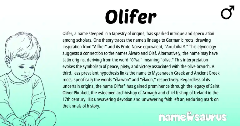 Infographic about Olifer name meaning, Olifer is a name from Ancient Greek, Ireland, Germanic, Latin, Greek, Norse origin(s).