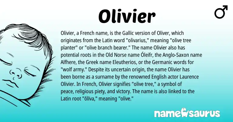 Infographic about Olivier name meaning, Olivier is a name from Old Norse, Anglo-Saxon, English, French, Latin, Germanic, Greek origin(s).