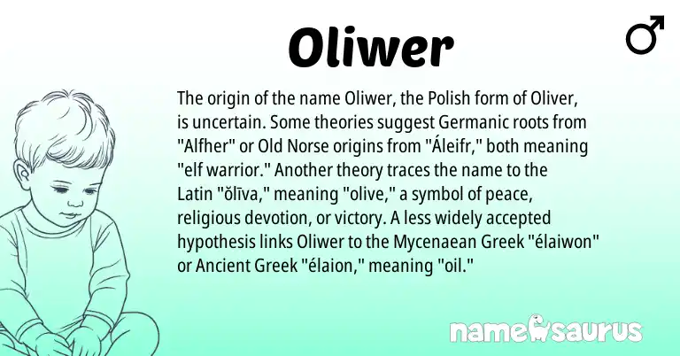 Infographic about Oliwer name meaning, Oliwer is a name from Polish, Old Norse, Ancient Greek, Latin, Germanic, Greek origin(s).