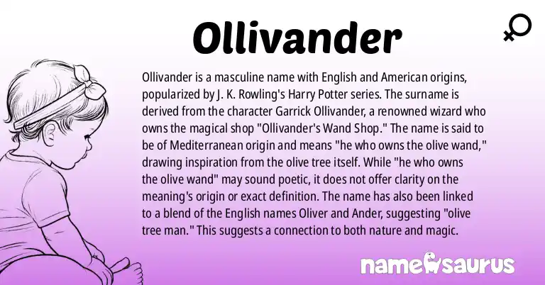 Infographic about Ollivander name meaning, Ollivander is a name from English (American), Popular Culture, British, Basque origin(s).