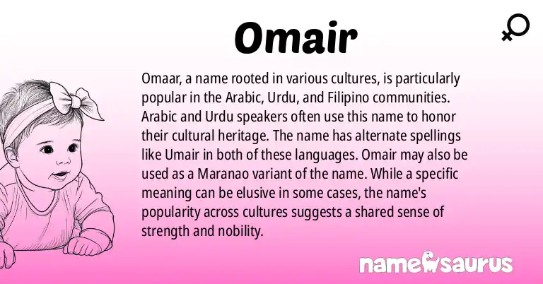 Infographic about Omair name meaning, Omair is a name from Arabic, Urdu, Filipino, Maranao origin(s).