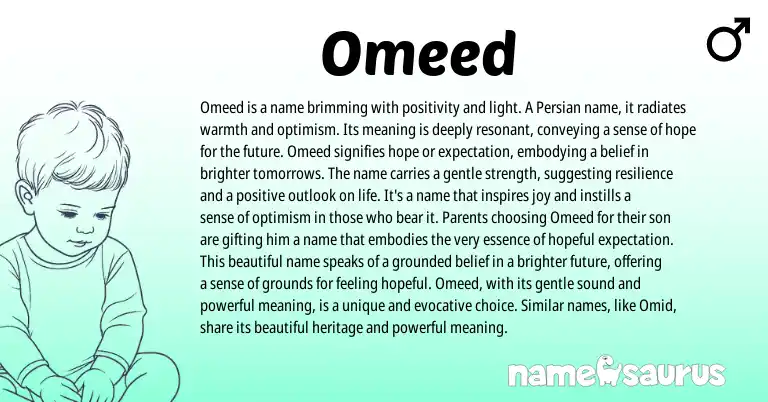 Infographic about Omeed name meaning, Omeed is a name from Arabic, Persian origin(s).