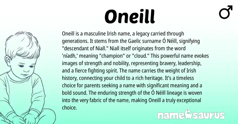 Infographic about Oneill name meaning, Oneill is a name from Gaelic, Irish origin(s).