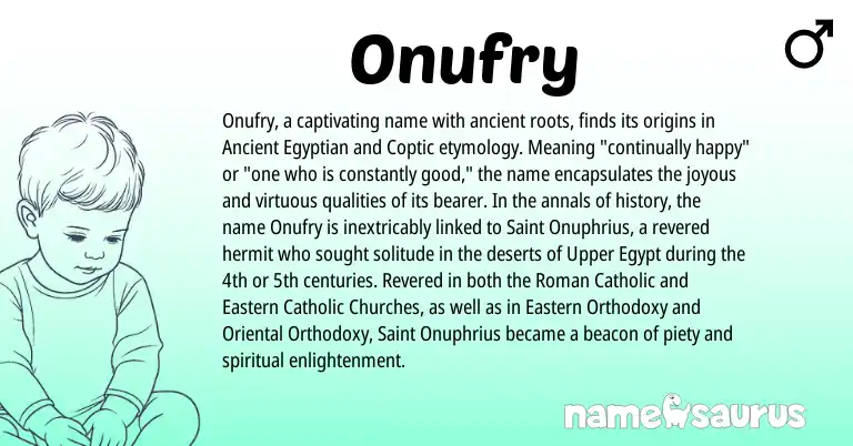 Infographic about Onufry name meaning, Onufry is a name from Ancient Egyptian, Roman, Coptic origin(s).