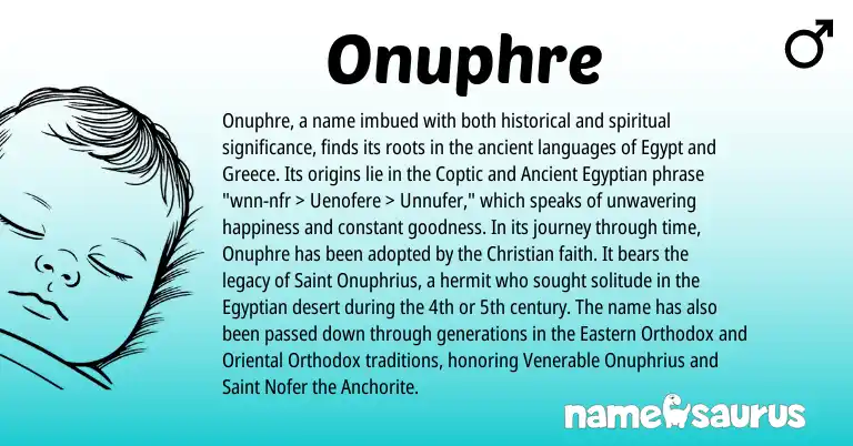 Infographic about Onuphre name meaning, Onuphre is a name from Ancient Egyptian, Greece, Coptic, Egyptian origin(s).