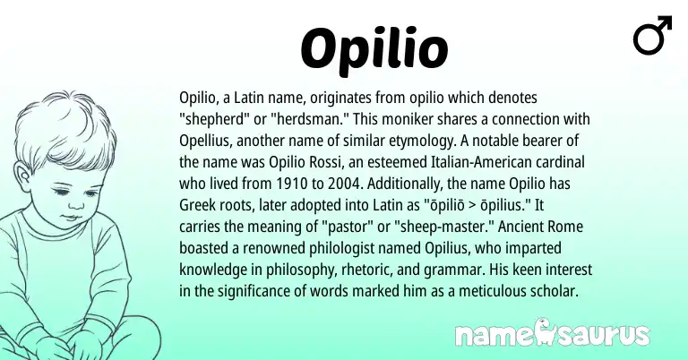 Infographic about Opilio name meaning, Opilio is a name from Ancient Rome, Latin, Greek, American, Italian origin(s).
