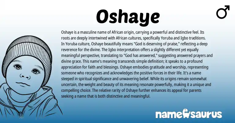Infographic about Oshaye name meaning, Oshaye is a name from Igbo, Yoruba, African origin(s).