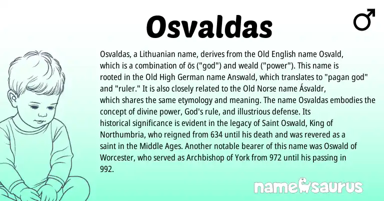 Infographic about Osvaldas name meaning, Osvaldas is a name from Lithuanian, Old English, Old High German, Old Norse origin(s).