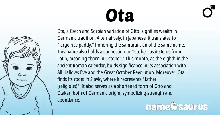 Infographic about Ota name meaning, Ota is a name from Sorbian, Slavic, Japanese, Latin, Germanic, Roman, Czech origin(s).