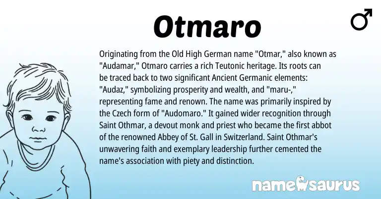 Infographic about Otmaro name meaning, Otmaro is a name from Old High German, Czech, Teutonic, Ancient Germanic origin(s).