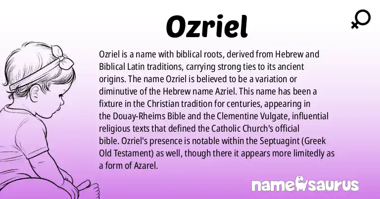 Infographic about Ozriel name meaning, Ozriel is a name from Biblical, Biblical Latin, Biblical Greek origin(s).