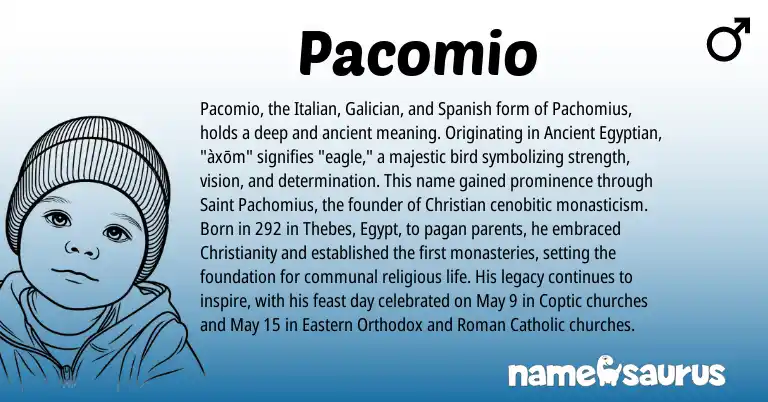 Infographic about Pacomio name meaning, Pacomio is a name from Christianity, Ancient Egyptian, Spanish, Roman, Galician, Coptic, Italian origin(s).