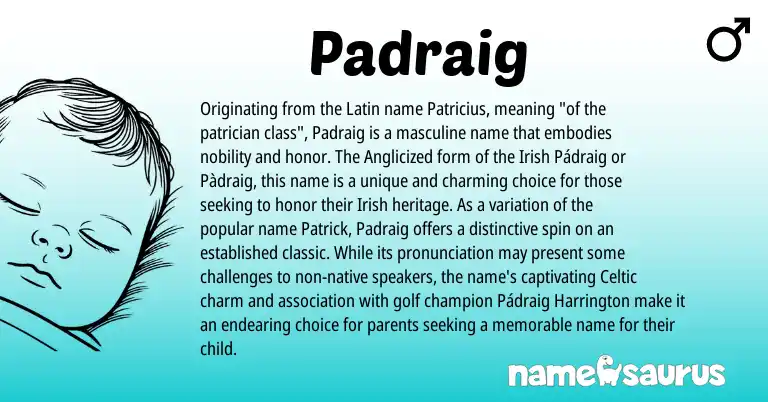 Infographic about Padraig name meaning, Padraig is a name from Irish, Latin, Celtic origin(s).