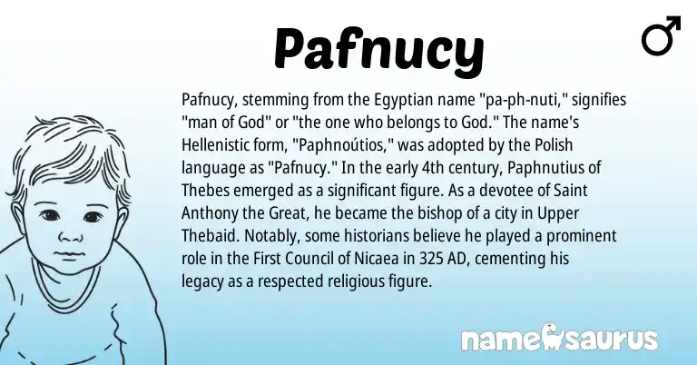 Infographic about Pafnucy name meaning, Pafnucy is a name from Egyptian, Polish origin(s).