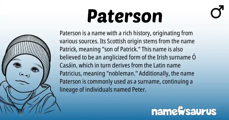 Infographic about Paterson name meaning, Paterson is a name from Irish, Latin, Scottish origin(s).