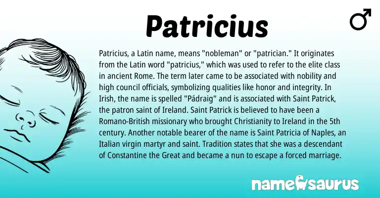 Infographic about Patricius name meaning, Patricius is a name from Irish, Christianity, British, Ireland, Latin, Italian origin(s).