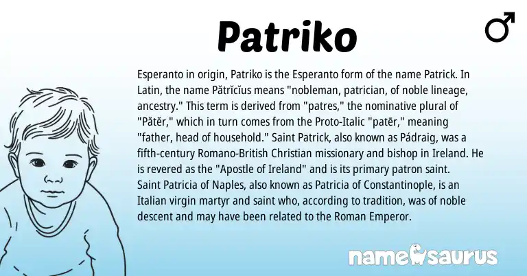Infographic about Patriko name meaning, Patriko is a name from British, Ireland, Esperanto, Latin, Roman, Italian origin(s).