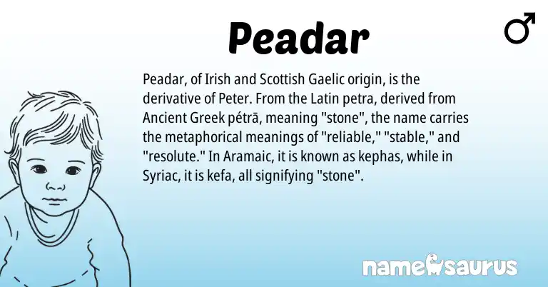 Infographic about Peadar name meaning, Peadar is a name from Irish, Ancient Greek, Aramaic, Gaelic, Latin, Scottish origin(s).