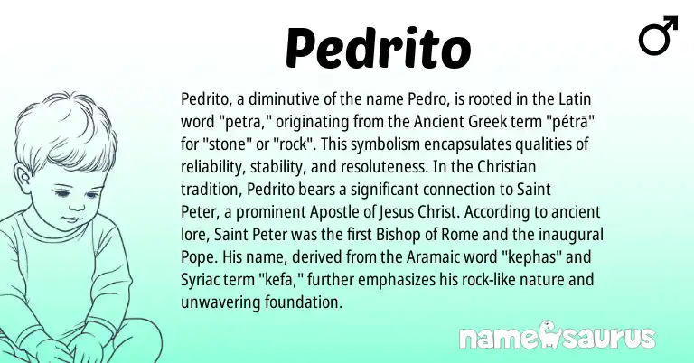 Infographic about Pedrito name meaning, Pedrito is a name from Aramaic, Ancient Greek, Latin origin(s).