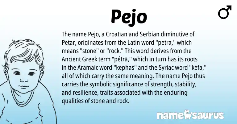 Infographic about Pejo name meaning, Pejo is a name from Ancient Greek, Croatian, Aramaic, Latin, Serbian origin(s).