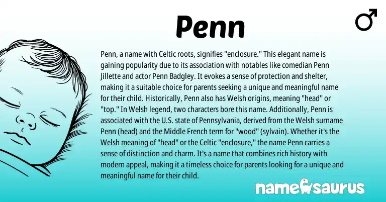 Infographic about Penn name meaning, Penn is a name from Middle French, Welsh, Celtic origin(s).
