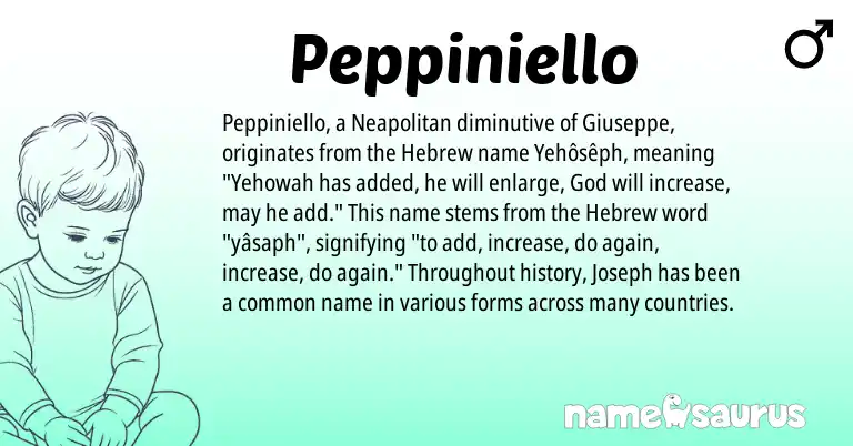 Infographic about Peppiniello name meaning, Peppiniello is a name from Neapolitan, Hebrew origin(s).